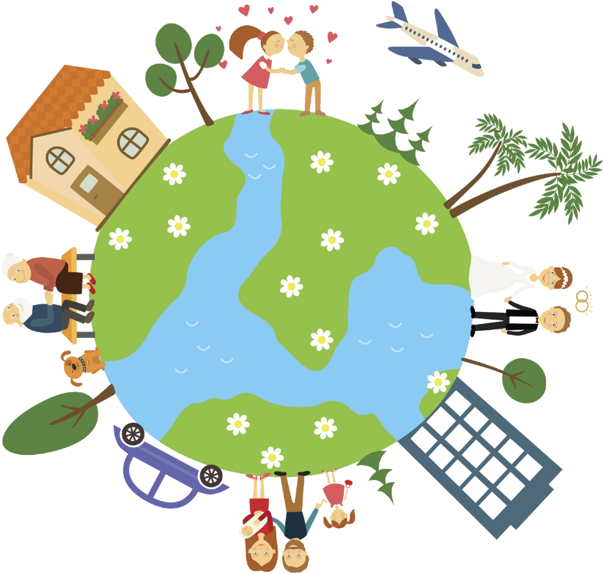 Earth with people, plants, animals and buildings.